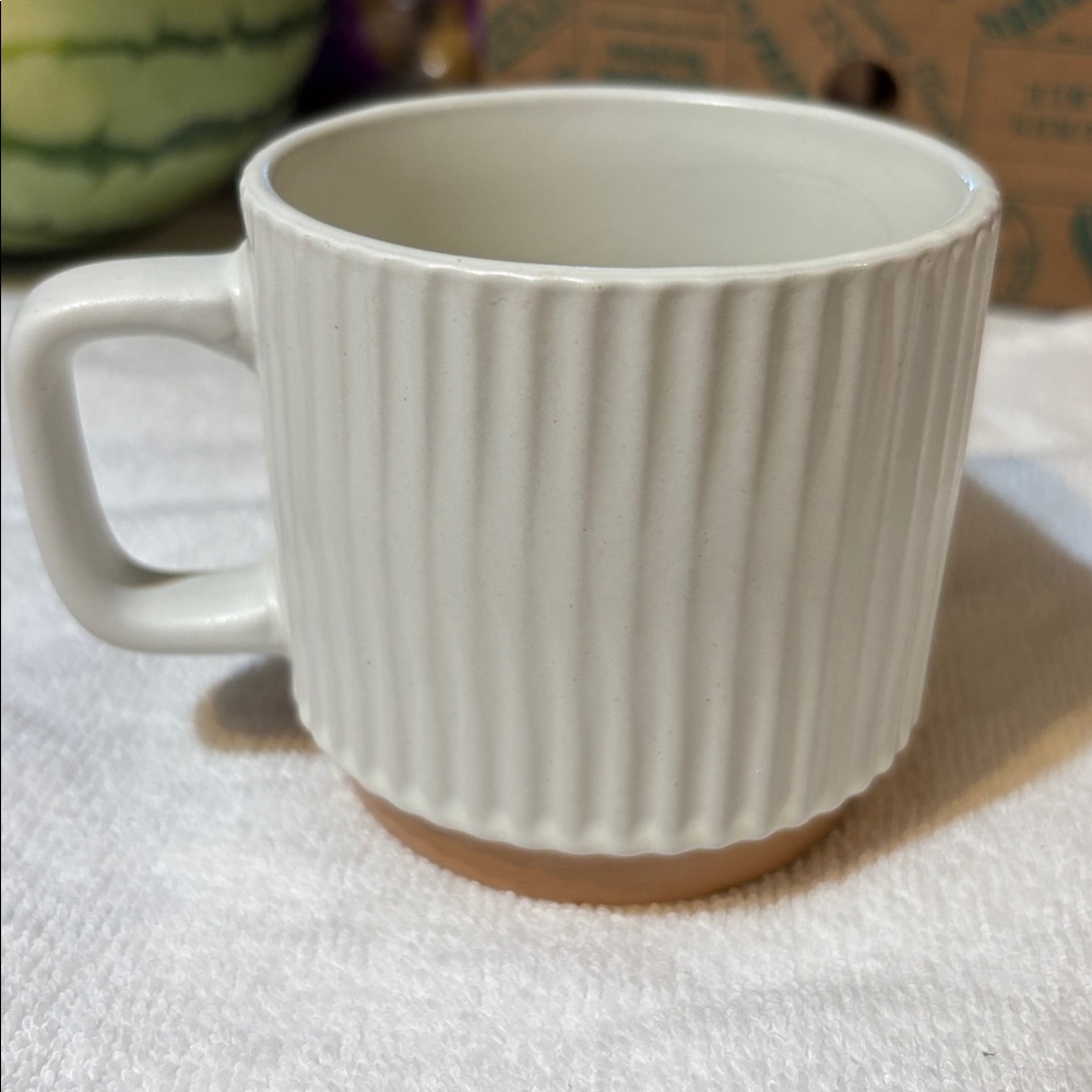 Off White Ribbed Ceramic Mug with Tan Base